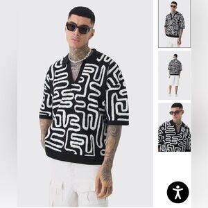 Bohooman overized Black and White Patterned abstract polo size M
